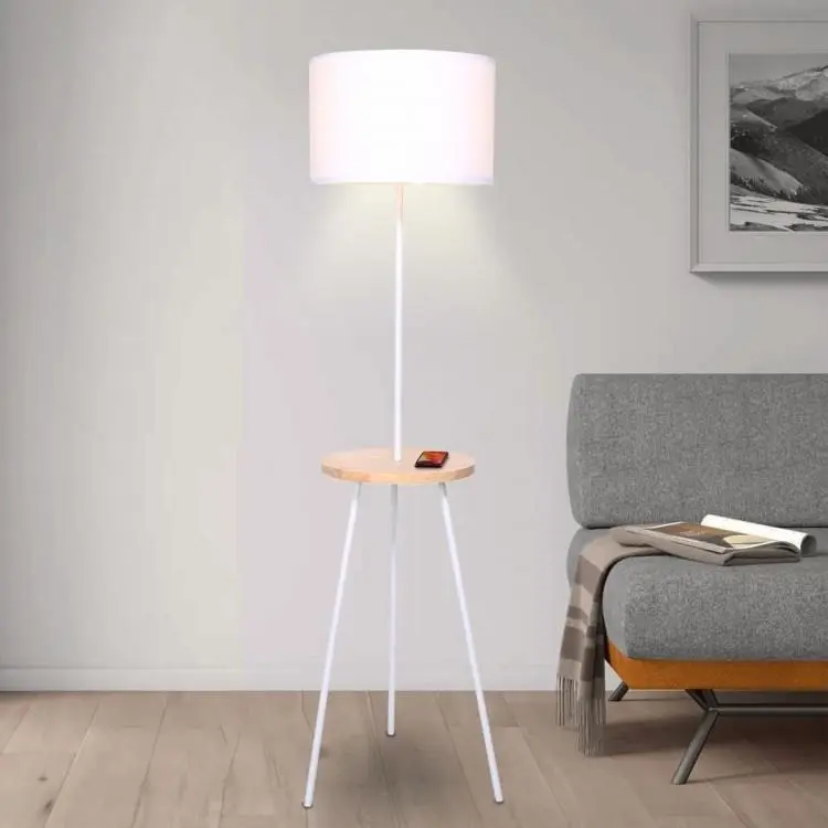 Metal Tripod Floor Lamp Shade With Wooden Table Shelf