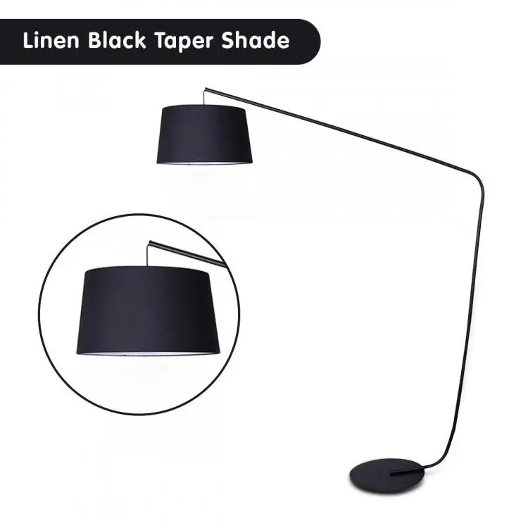 Metal Arc Floor Lamp In Black Finish Wih Linen Taper Shade