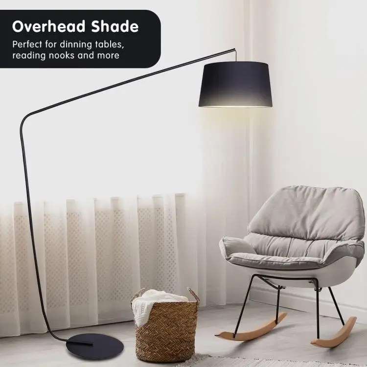 Metal Arc Floor Lamp In Black Finish Wih Linen Taper Shade