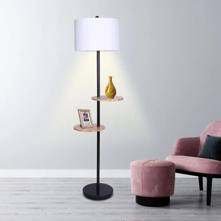 Metal Floor Lamp Shade With Black Post In Round Wood Shelves