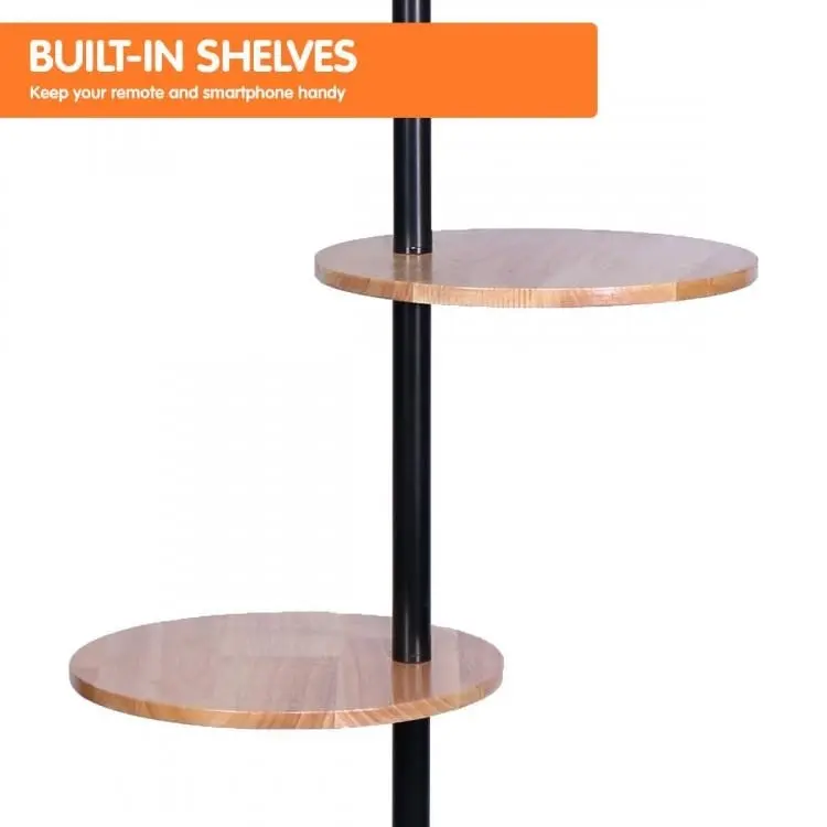 Metal Floor Lamp Shade With Black Post In Round Wood Shelves