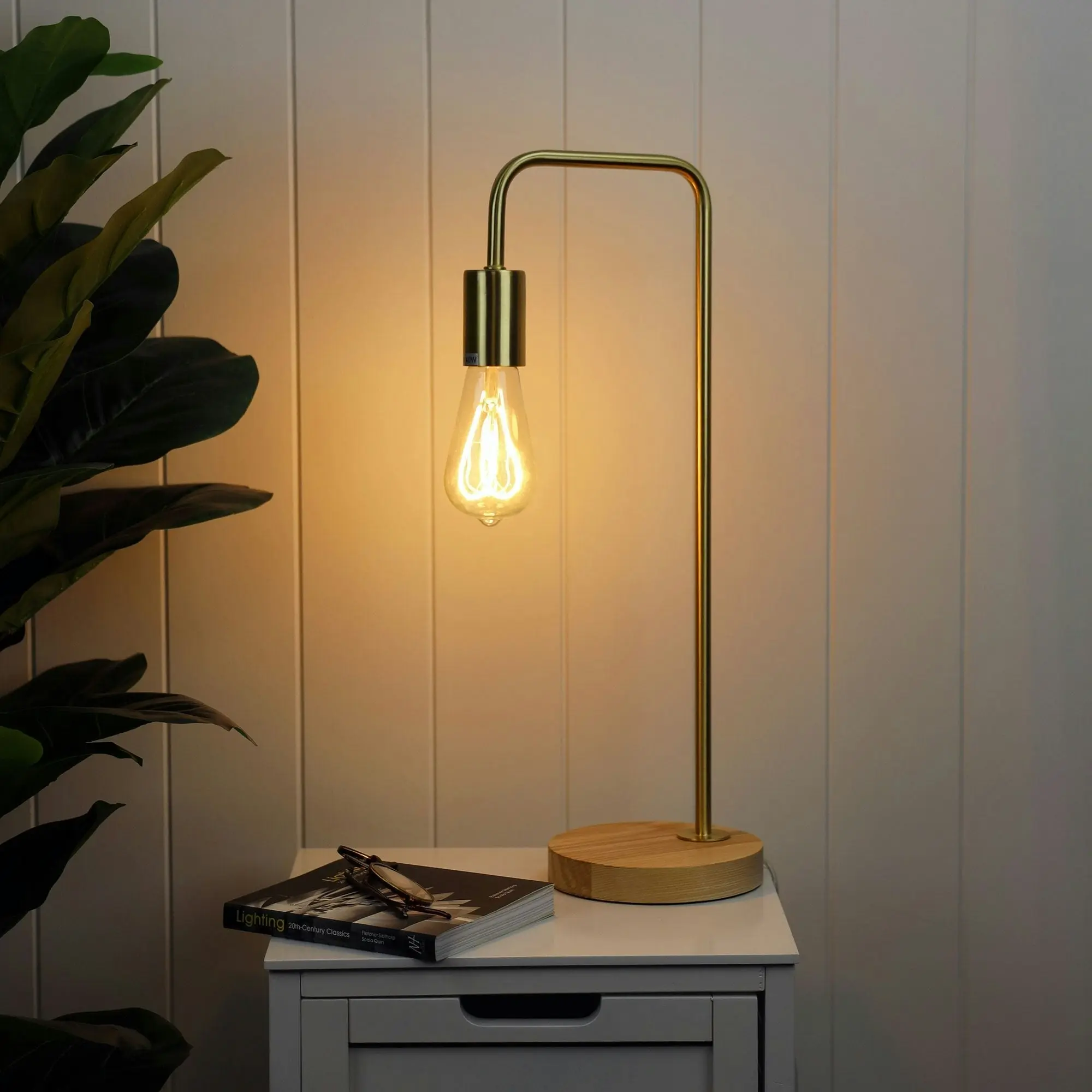 LANE Scandi Table Lamp Brushed Brass with Timber