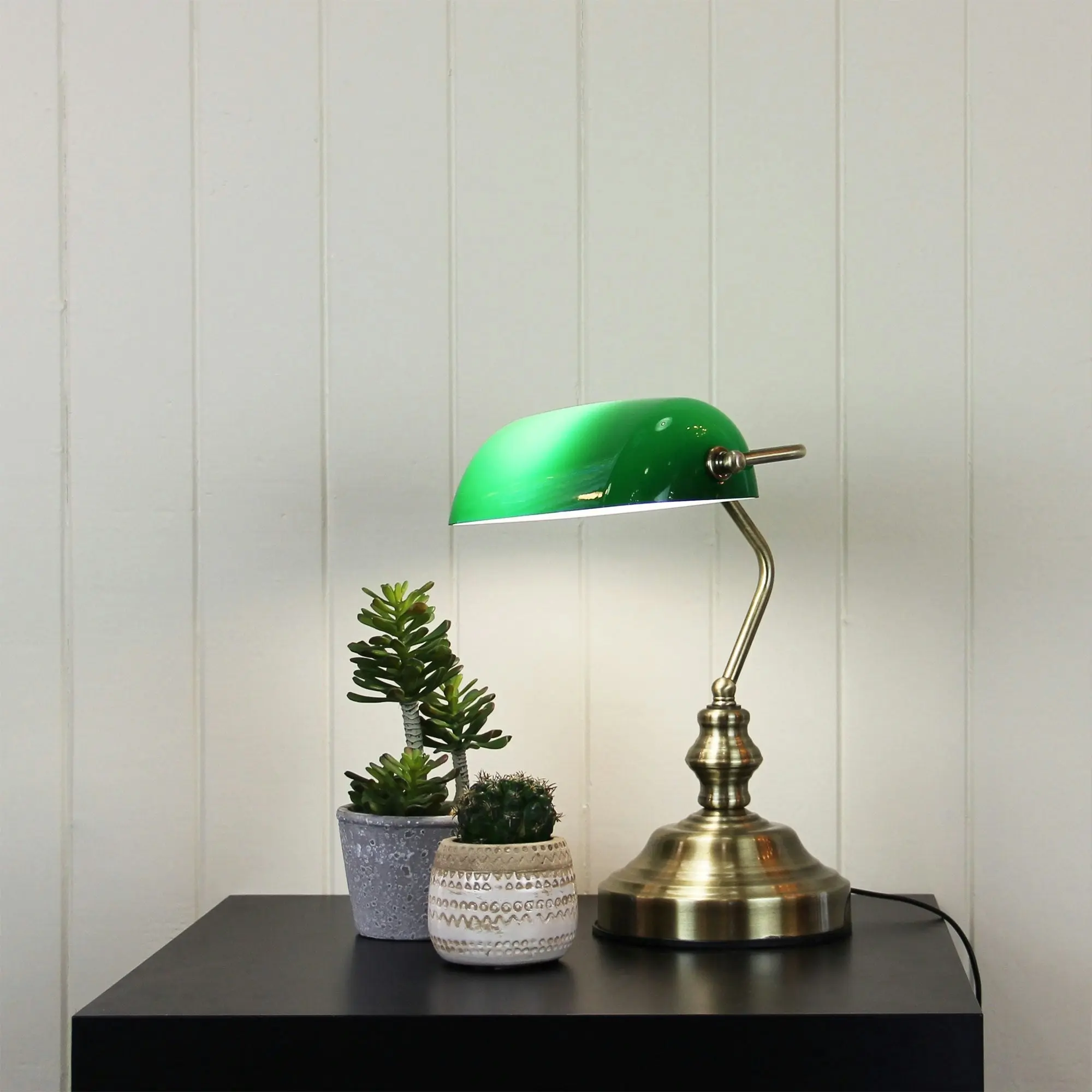 BANKERS SWITCHED Antique Brass with Green Glass Shade