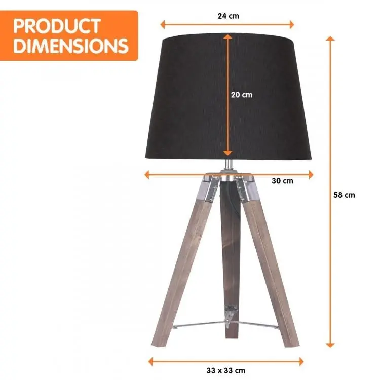 Wooden Tripod Table Lamp With Black Linen Taper Fabric Shade