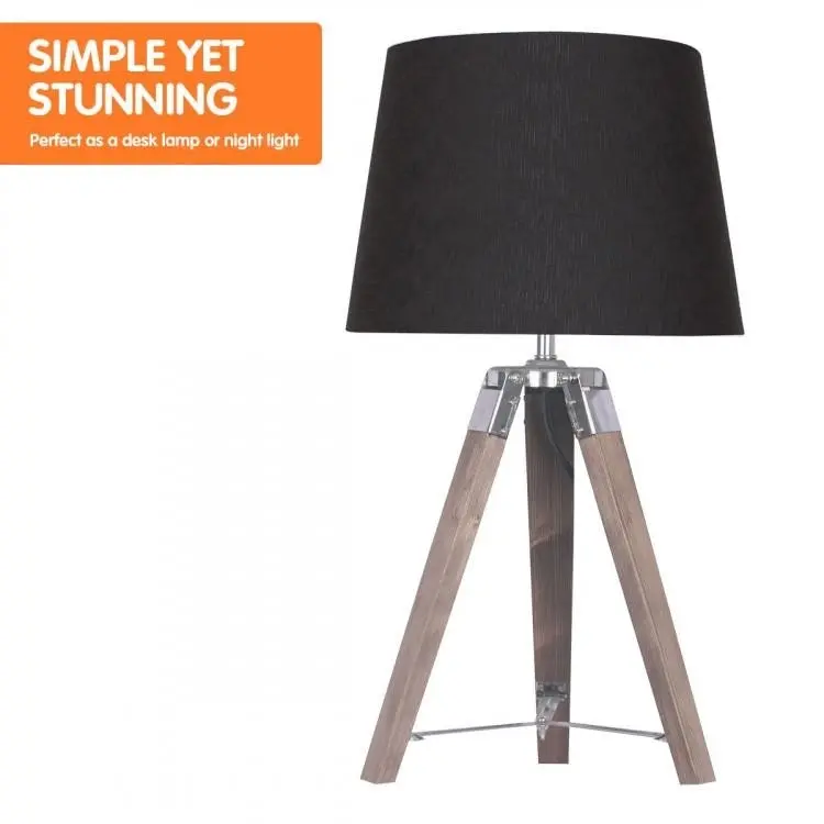 Wooden Tripod Table Lamp With Black Linen Taper Fabric Shade