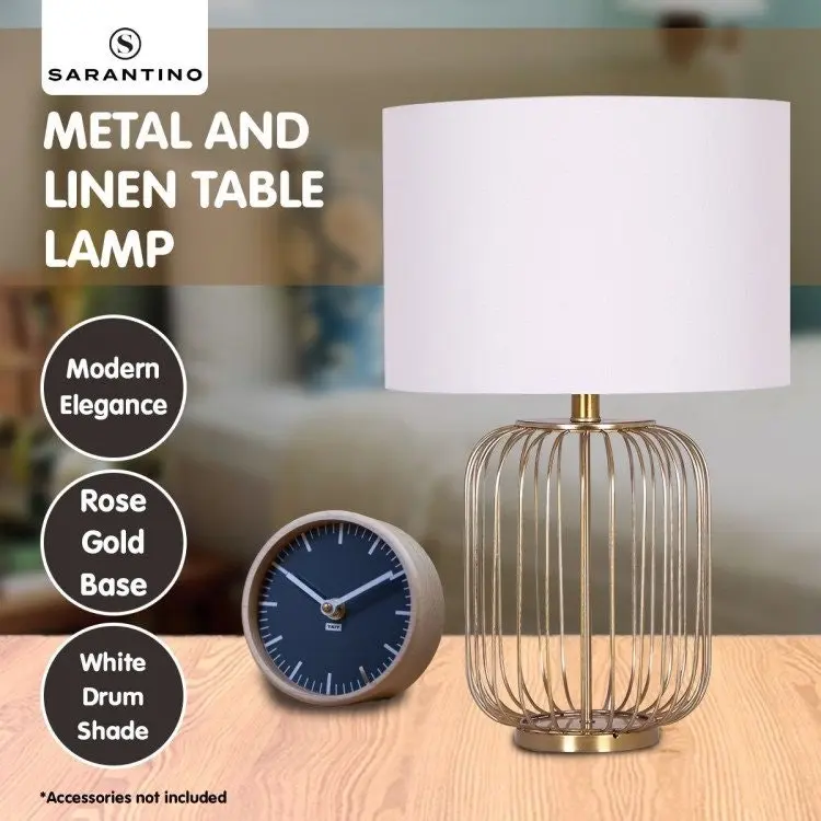 Sarantino Rose Gold Table Lamp With Linen Drum Shade