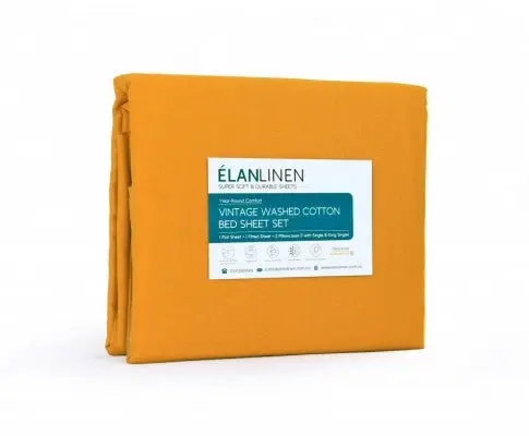 Elan Linen 100% Egyptian Cotton Vintage Washed 500TC Sheets Set - Mustard