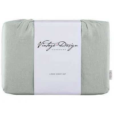 Vintage Design Fog Green Vintage Style 100% Linen Sheet Set