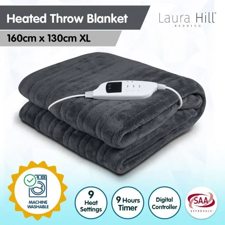 Heated Electric Blanket Throw Rug Coral Warm Fleece Winter Grey