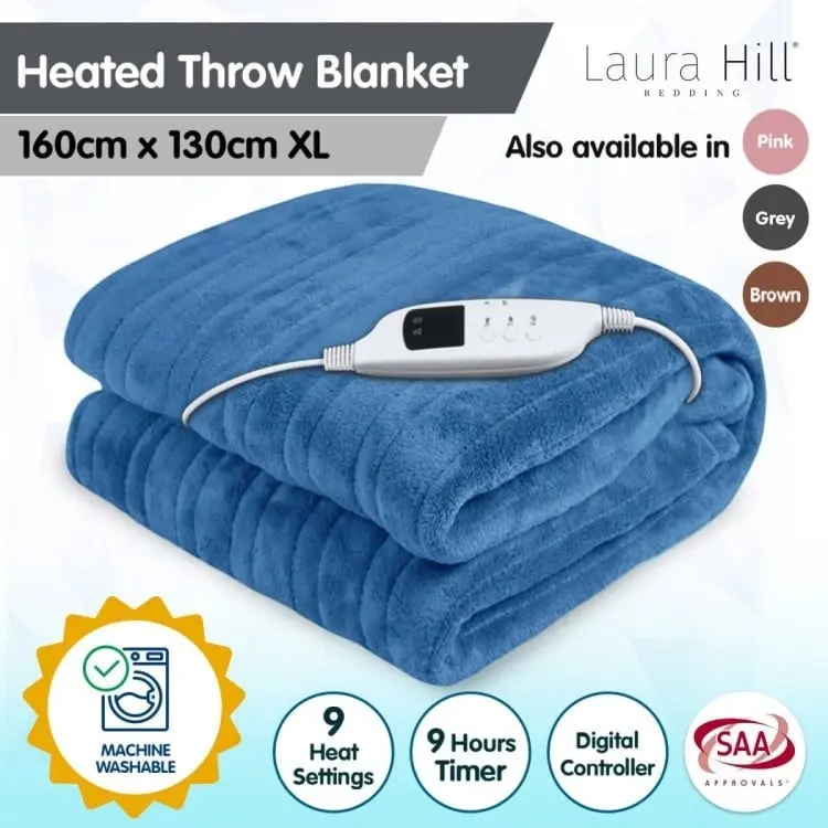 Laura Hill Heated Electric Blanket Coral Warm Fleece Winter Blue