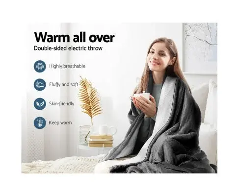 Electric Throw Rug Heated Blanket Washable Snuggle Flannel Winter Grey