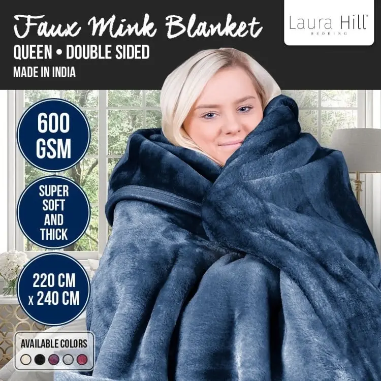 Laura Hill 600gsm Large Double Sided Faux Mink Blanket  Navy