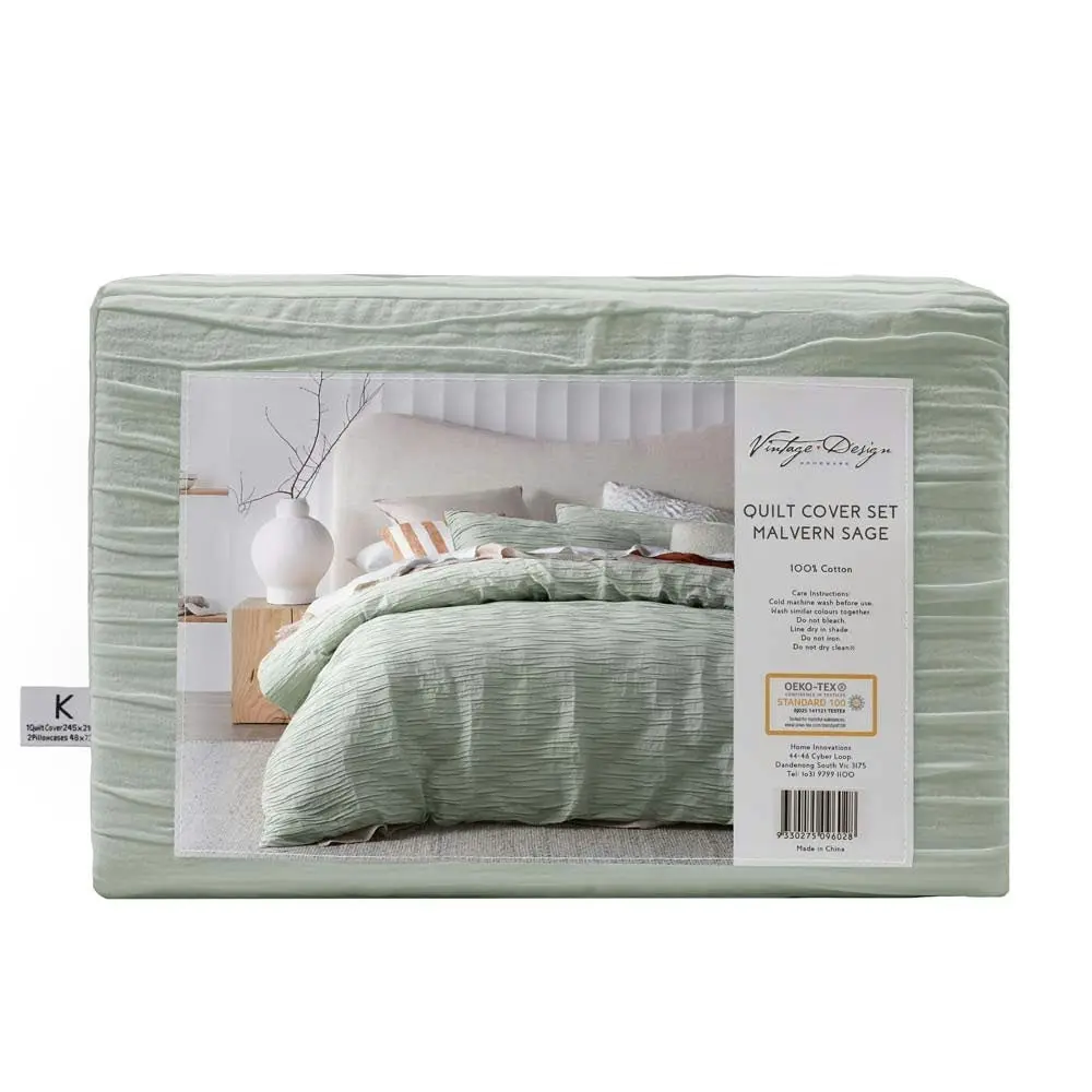 Vintage Design Malvern Cotton Quilt Cover Set - SAGE