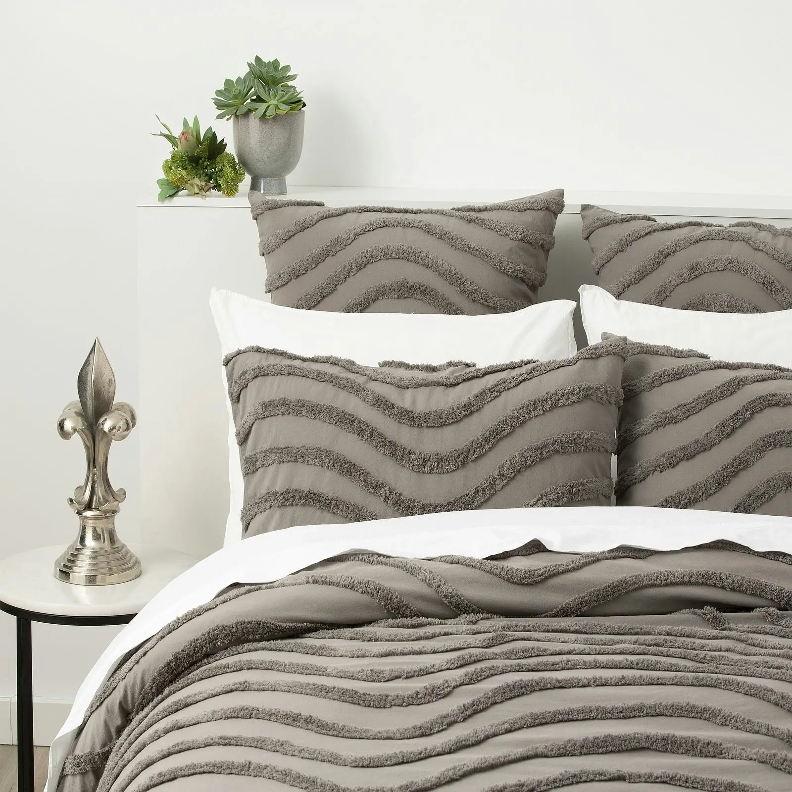 Cloud Linen Wave 100% Cotton Chenille Vintage washed tufted Quilt Cover Set - Grey