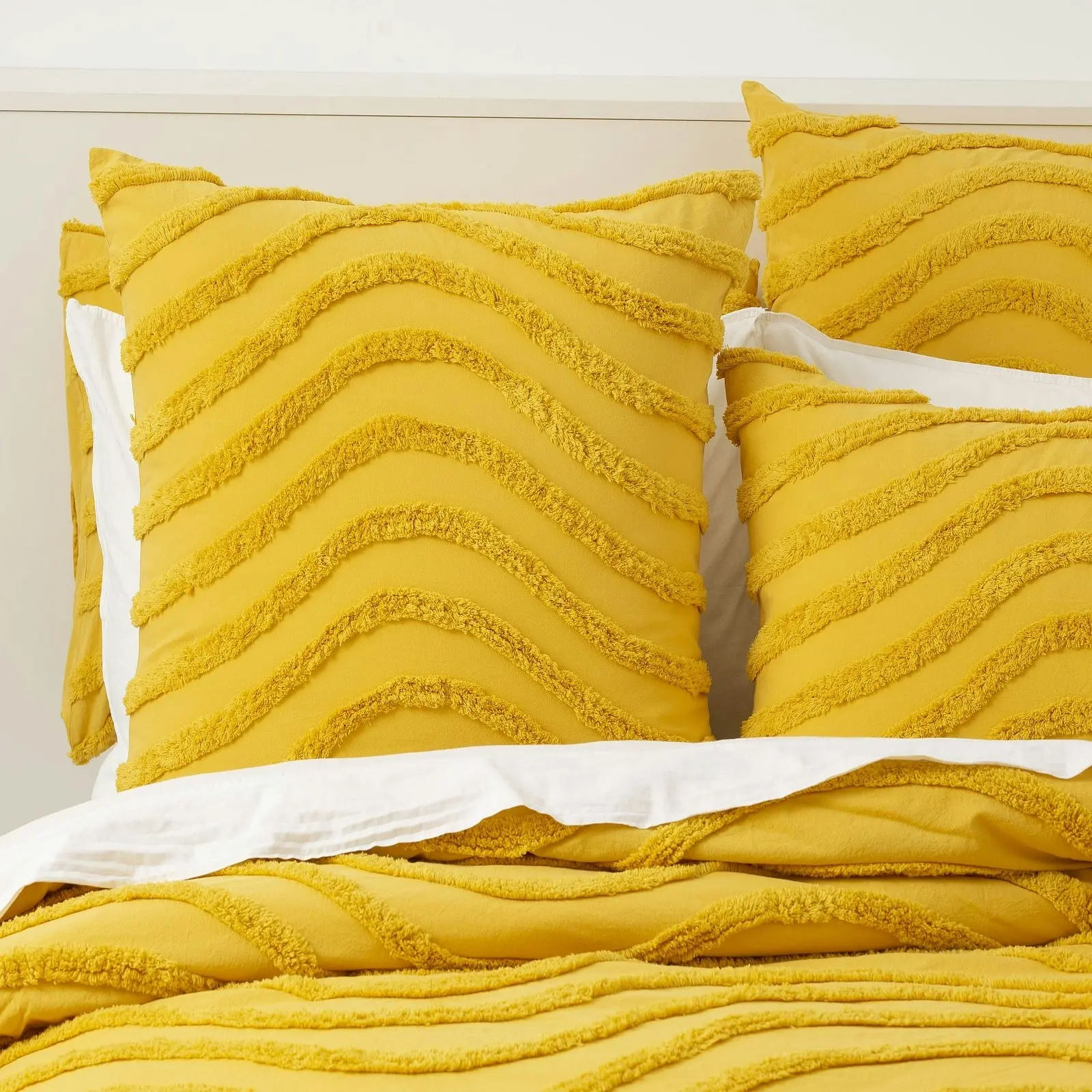 Cloud Linen Wave 100% Cotton Chenille Vintage washed tufted Quilt Cover Set - Mustard