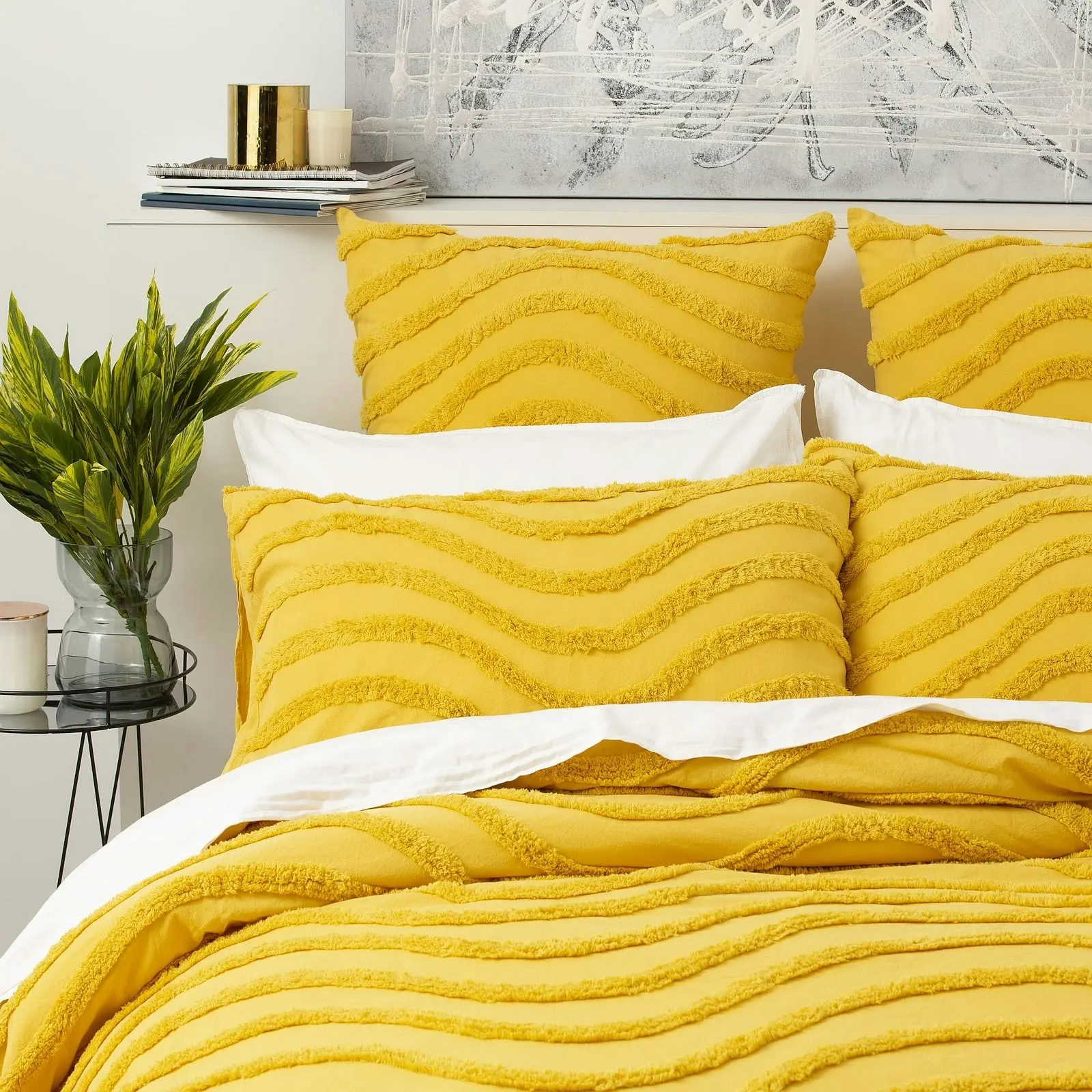 Cloud Linen Wave 100% Cotton Chenille Vintage washed tufted Quilt Cover Set - Mustard