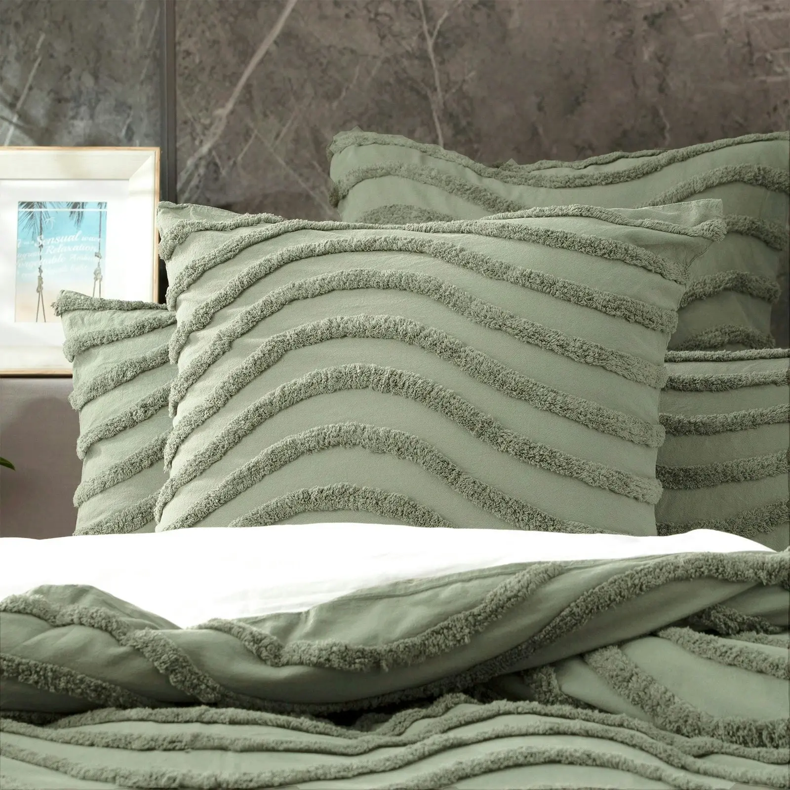 Cloud Linen Wave 100% Cotton Chenille Vintage washed tufted Quilt cover Set - Sage