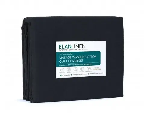 Elan Linen 100% Egyptian Cotton Vintage Washed 500TC Quilt Cover Set - Charcoal