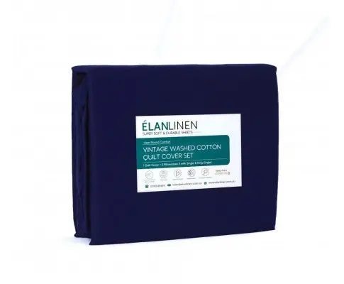 Elan Linen 100% Egyptian Cotton Vintage Washed 500TC Quilt Cover Set - Navy