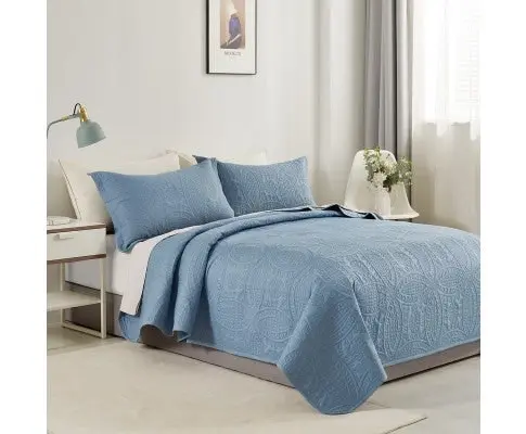 Gioia Casa Lisbon Quilted 3 Pieces Embossed Coverlet Set - BLUE