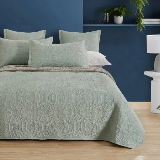 Gioia Casa Lisbon Quilted 3 Pieces Embossed Coverlet Set - SAGE GREEN