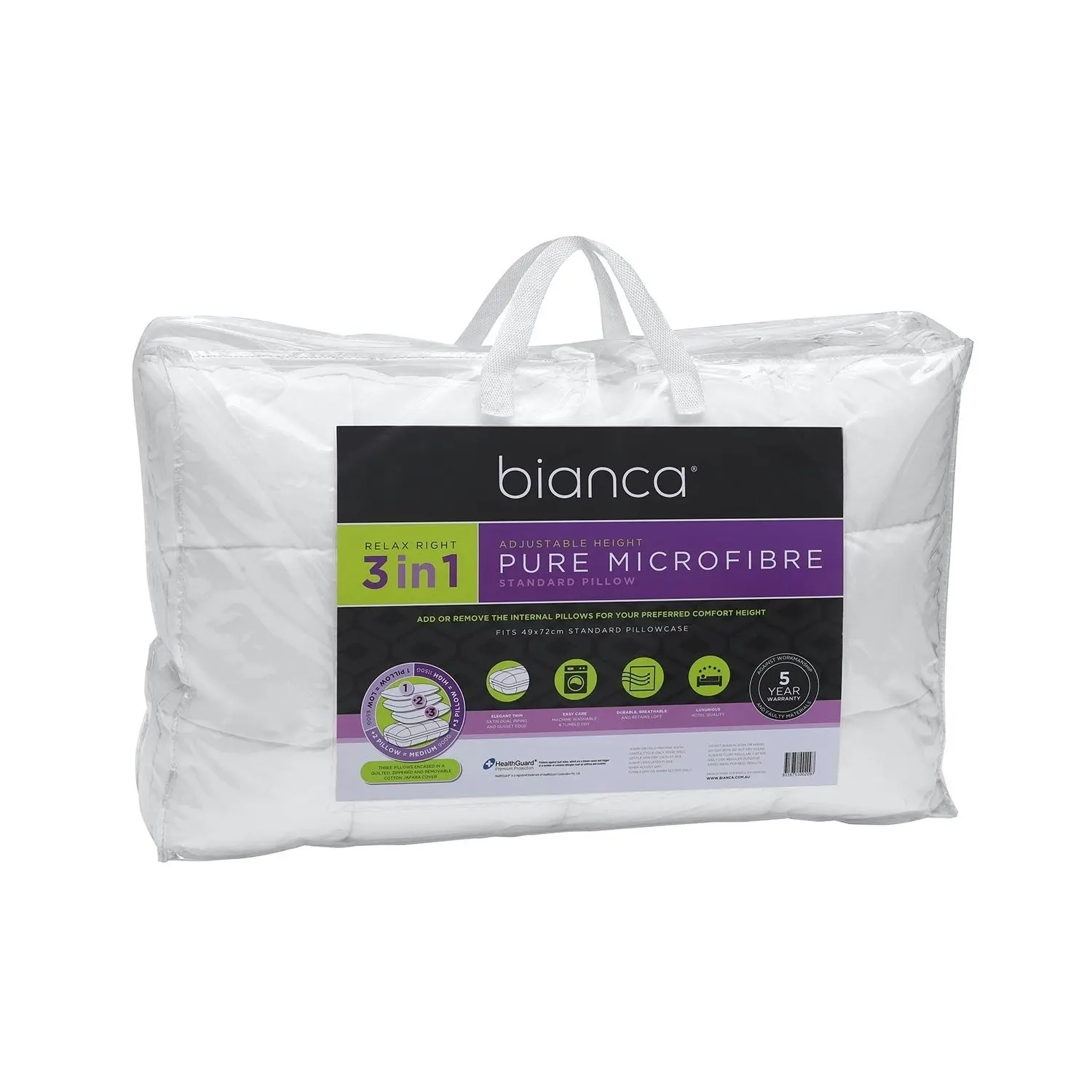 Bianca Bedding RELAX RIGHT PURE MICROFIBRE PILLOW 3 IN 1 ADJUSTABLE HEIGHT 1150G