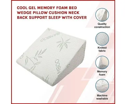 Cool Gel Memory Foam Bed Wedge Pillow Cushion Neck Back Support Sleep with Cover