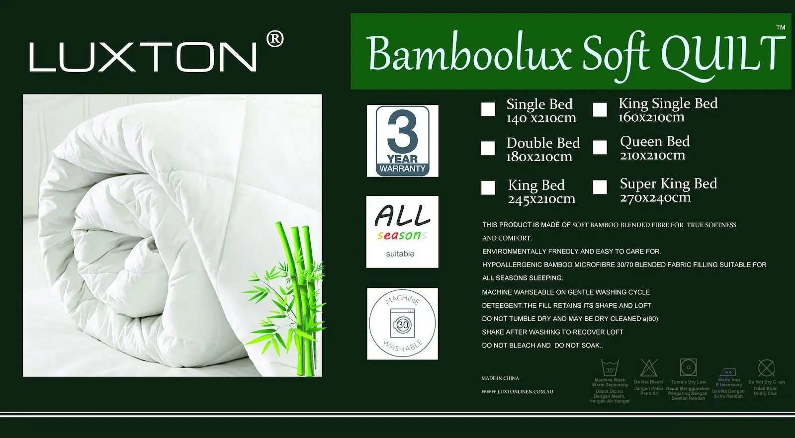 Luxton 300GSM Bamboo Soft Quilt