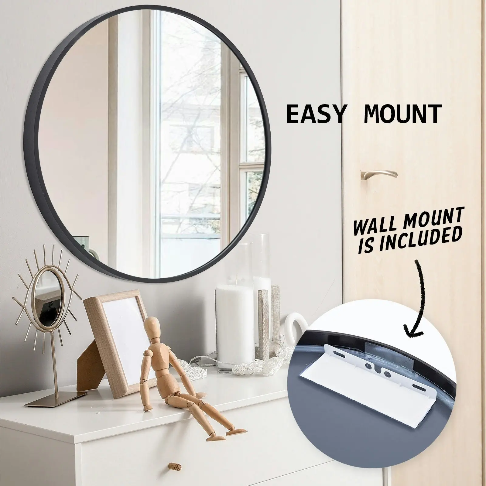 80cm Wall Mirror Round Bathroom - BLACK