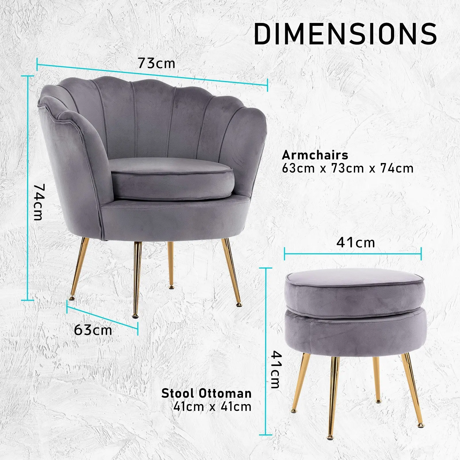 Armchair Velvet Shell Scallop + Ottoman Foot Stool - GREY