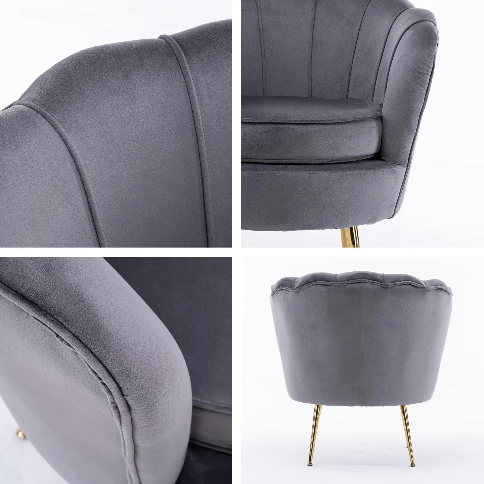 Armchair Velvet Shell Scallop + Ottoman Foot Stool - GREY