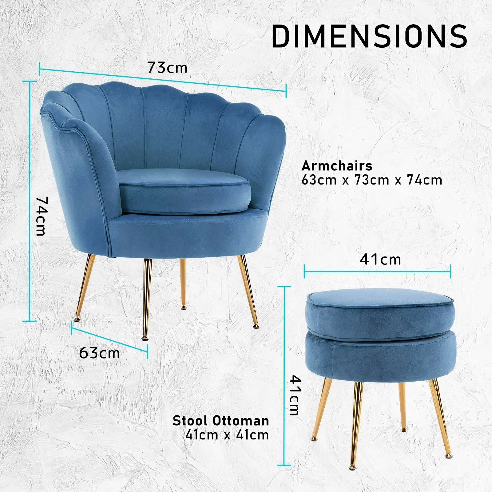 Armchair Velvet Shell Scallop + Ottoman Foot Stool - NAVY BLUE