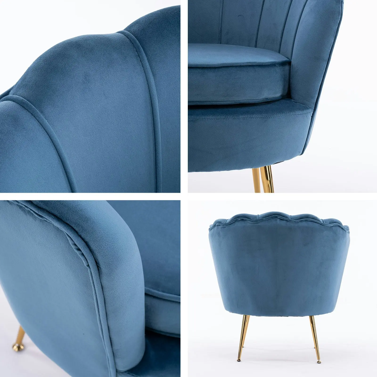 Armchair Velvet Shell Scallop + Ottoman Foot Stool - NAVY BLUE