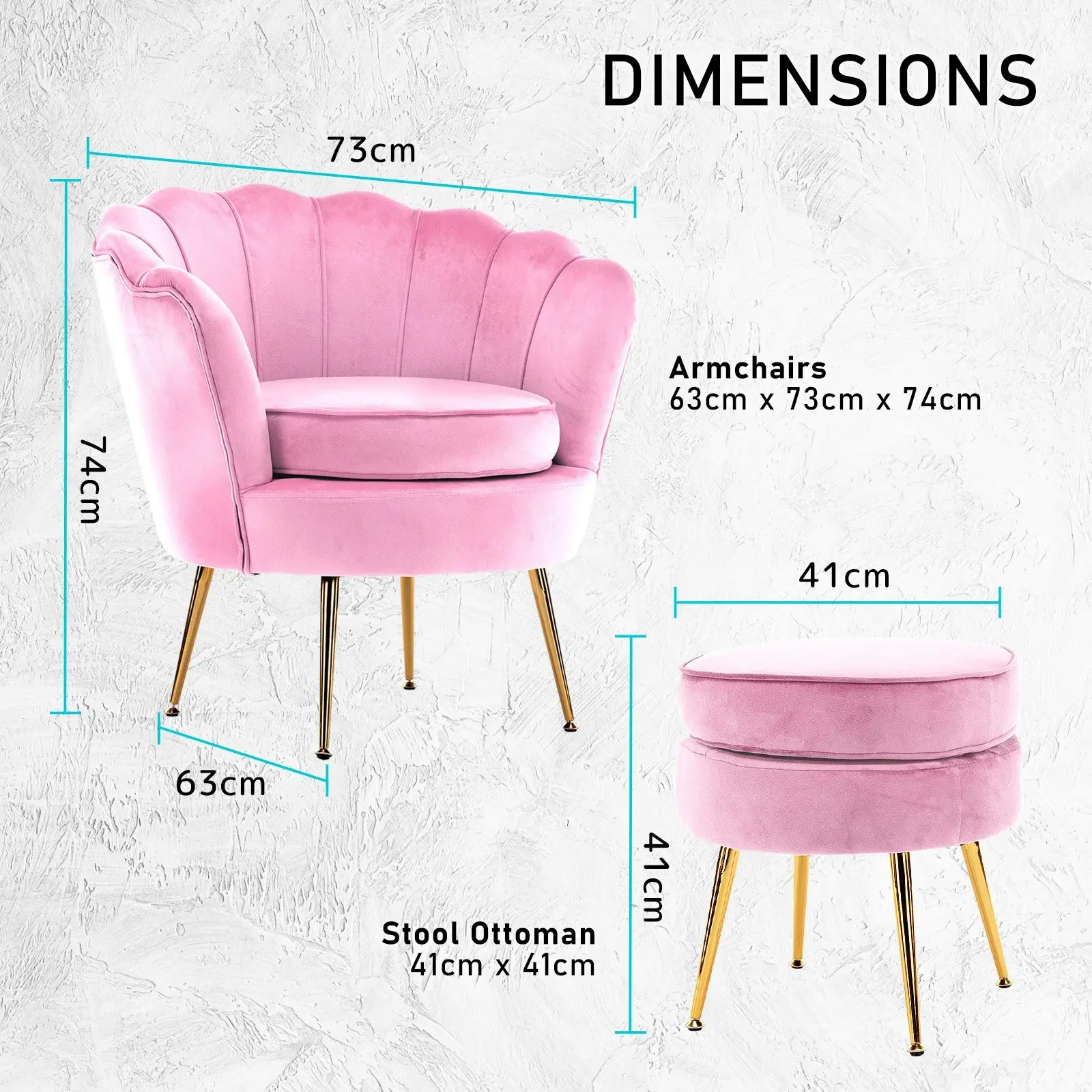 Armchair Velvet Shell Scallop + Ottoman Foot Stool - PINK