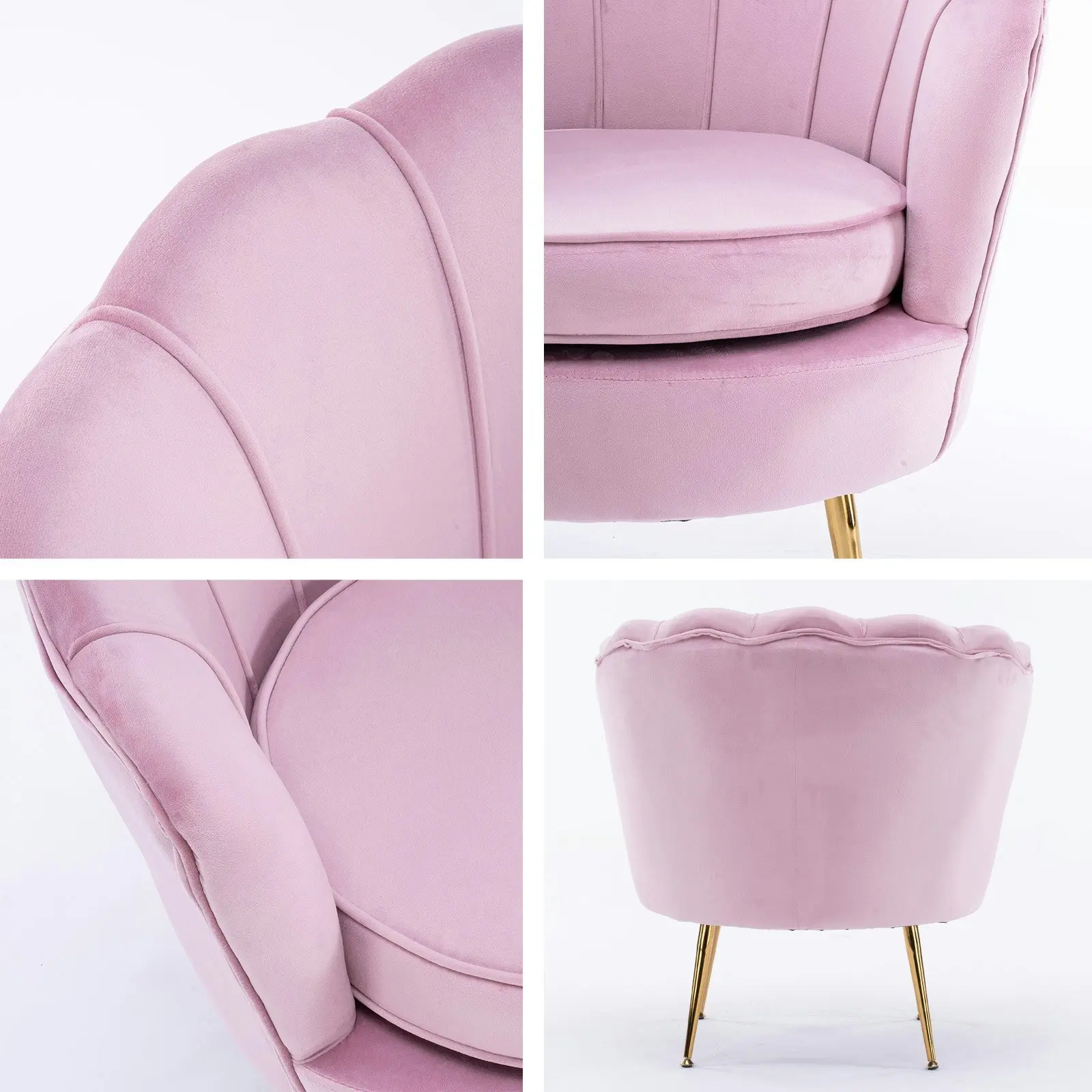 Armchair Velvet Shell Scallop + Ottoman Foot Stool - PINK