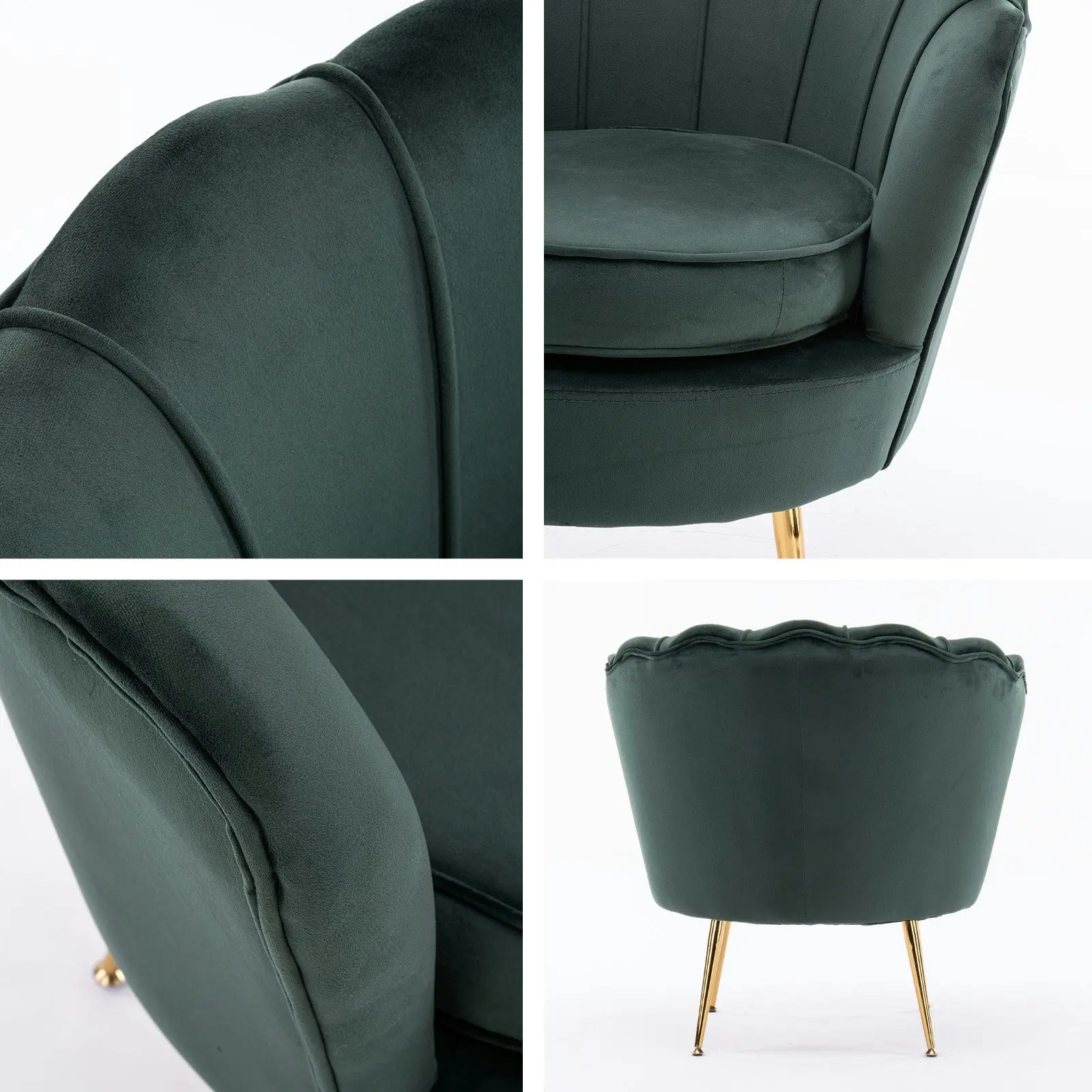 Armchair Velvet Shell Scallop + Ottoman Foot Stool - GREEN