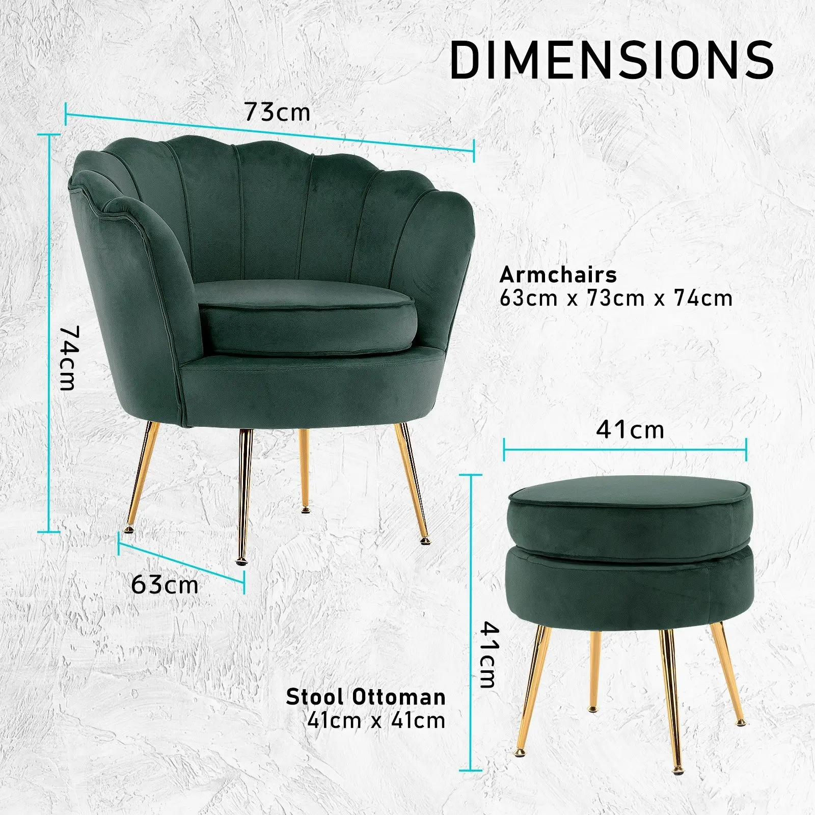 Armchair Velvet Shell Scallop + Ottoman Foot Stool - GREEN