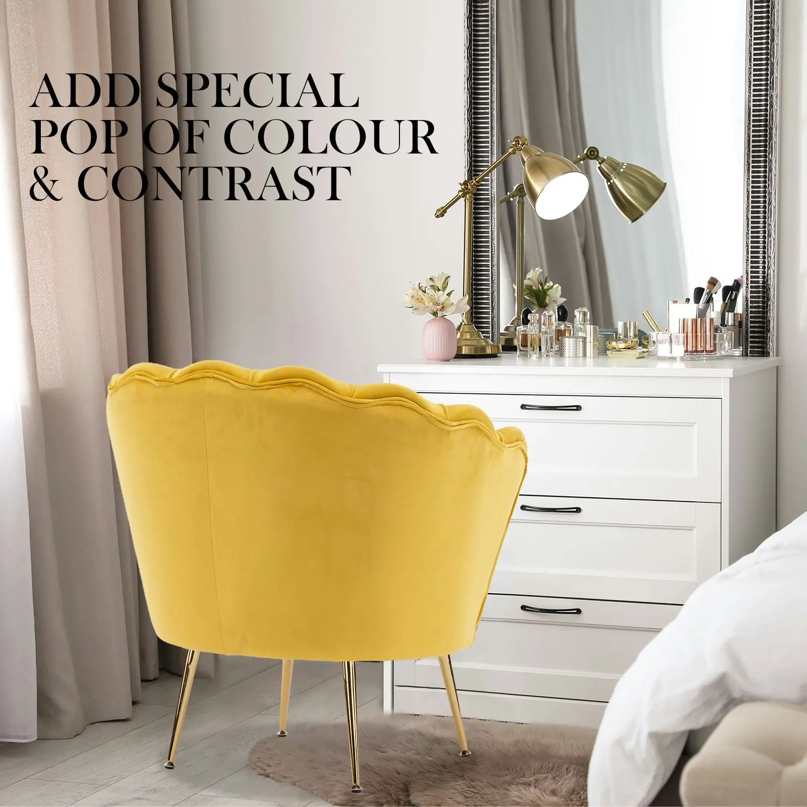 Armchair Velvet Shell Scallop + Ottoman Foot Stool - YELLOW