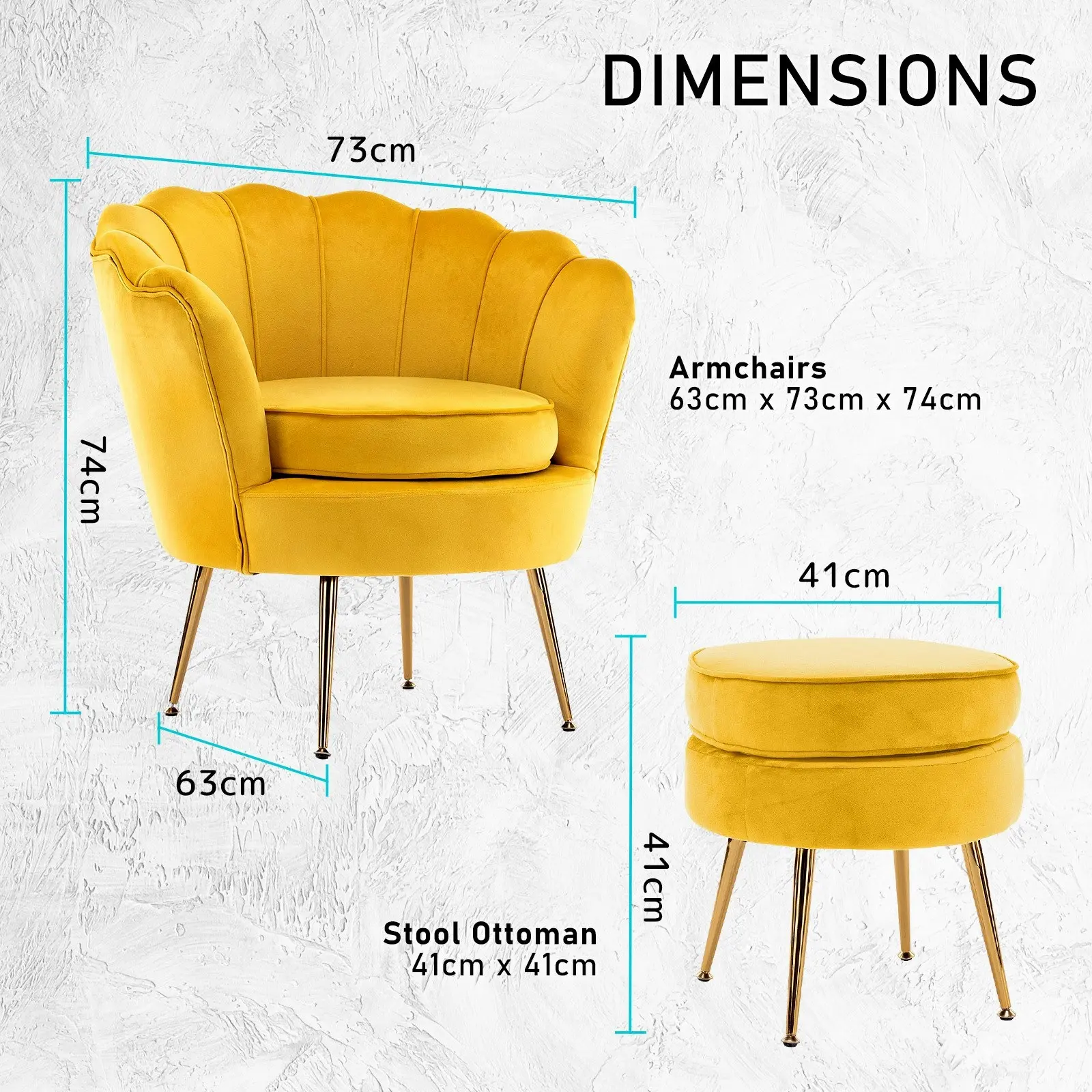 Armchair Velvet Shell Scallop + Ottoman Foot Stool - YELLOW