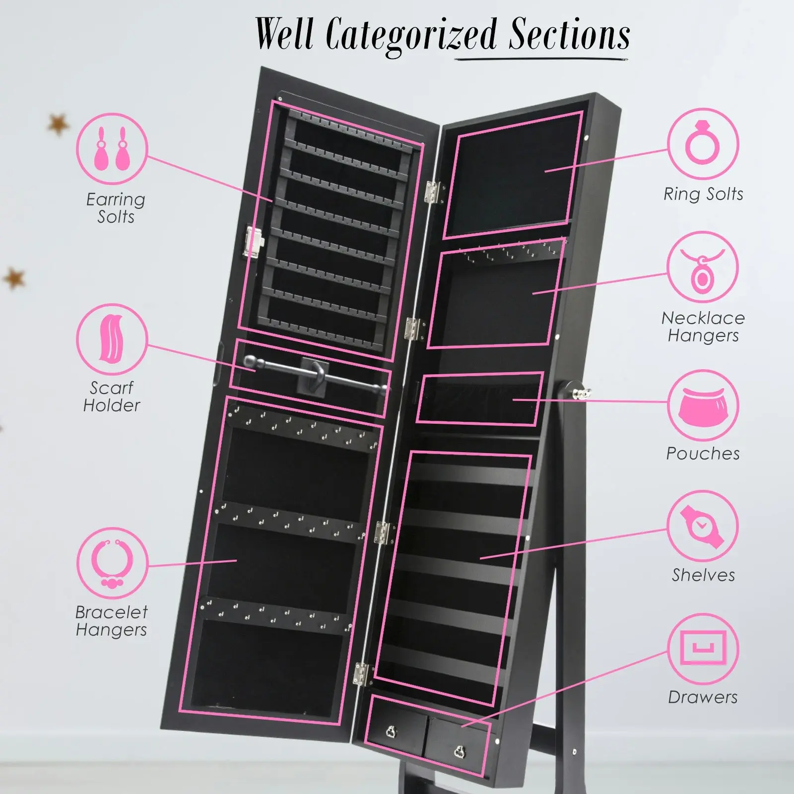 146cm Mirror Jewellery Cabinet 2 Drawers LOWE - BLACK