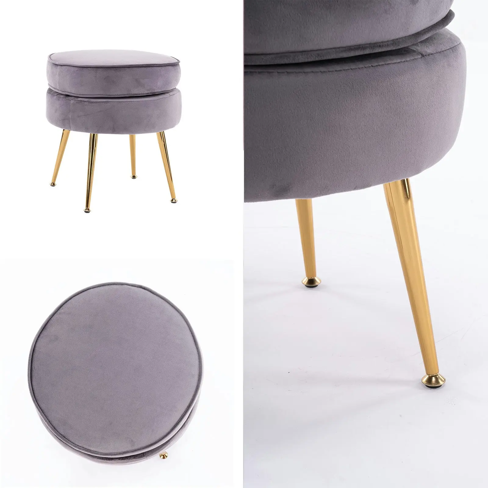 Foot Stool Ottoman Velvet Metal Leg Round - GREY