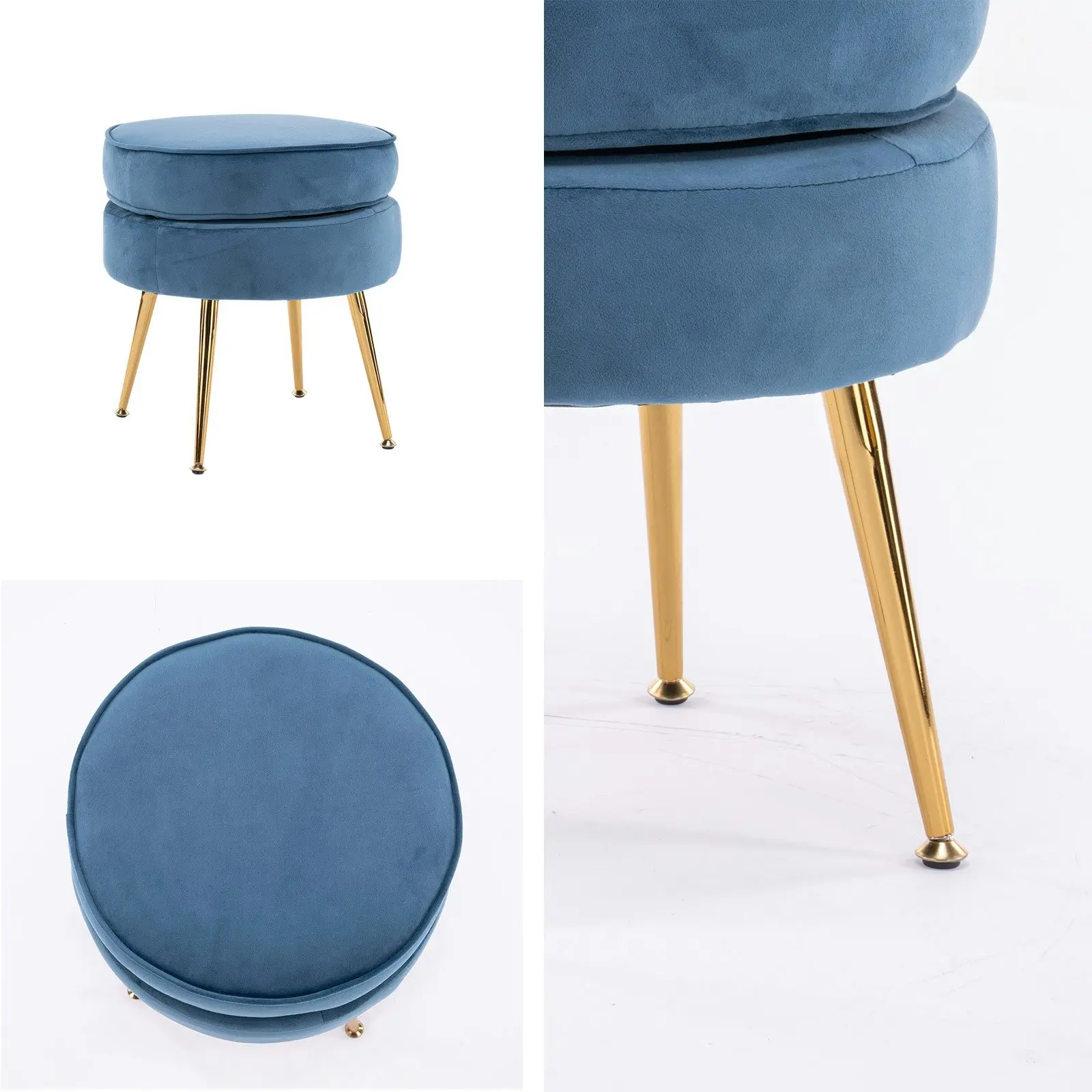 Foot Stool Ottoman Velvet Metal Leg Round - NAVY BLUE