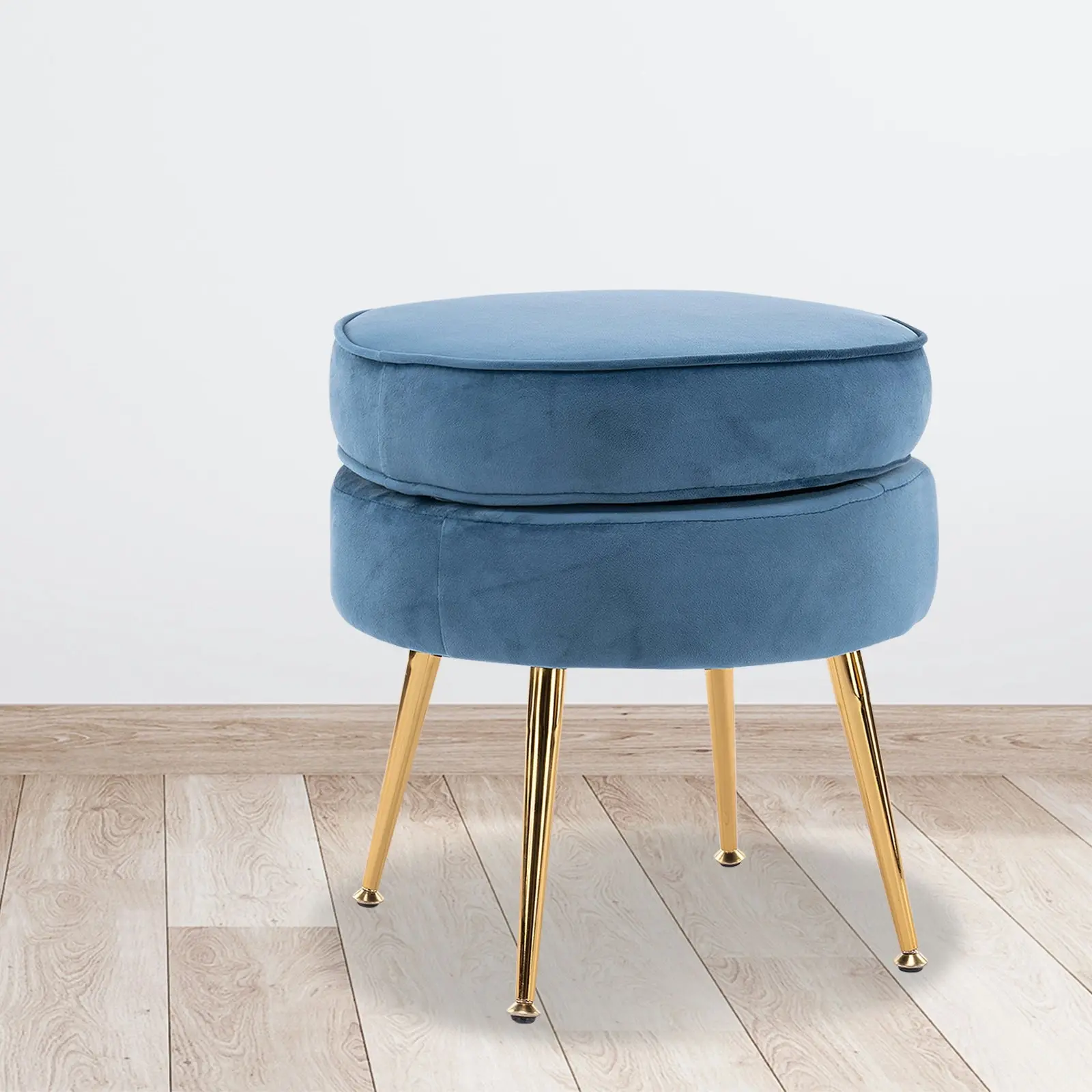 Foot Stool Ottoman Velvet Metal Leg Round - NAVY BLUE