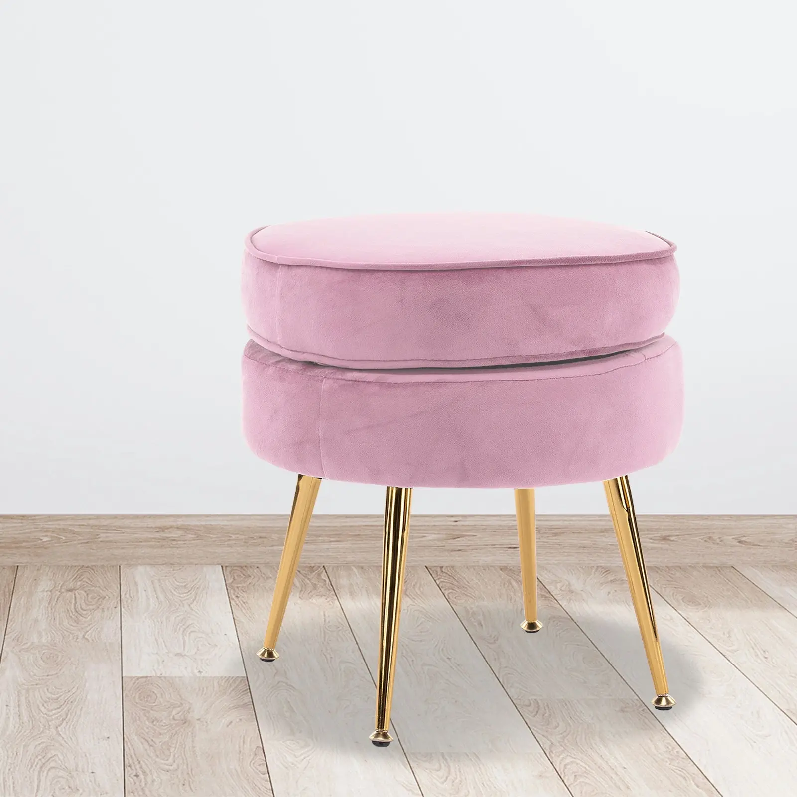 Foot Stool Ottoman Velvet Metal Leg Round - PINK