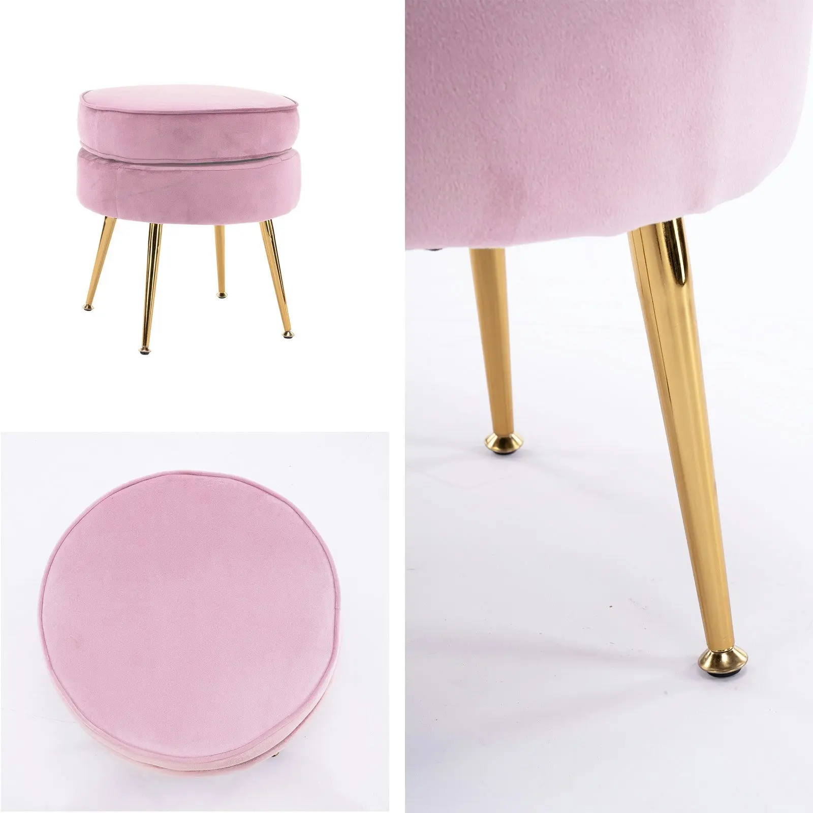 Foot Stool Ottoman Velvet Metal Leg Round - PINK