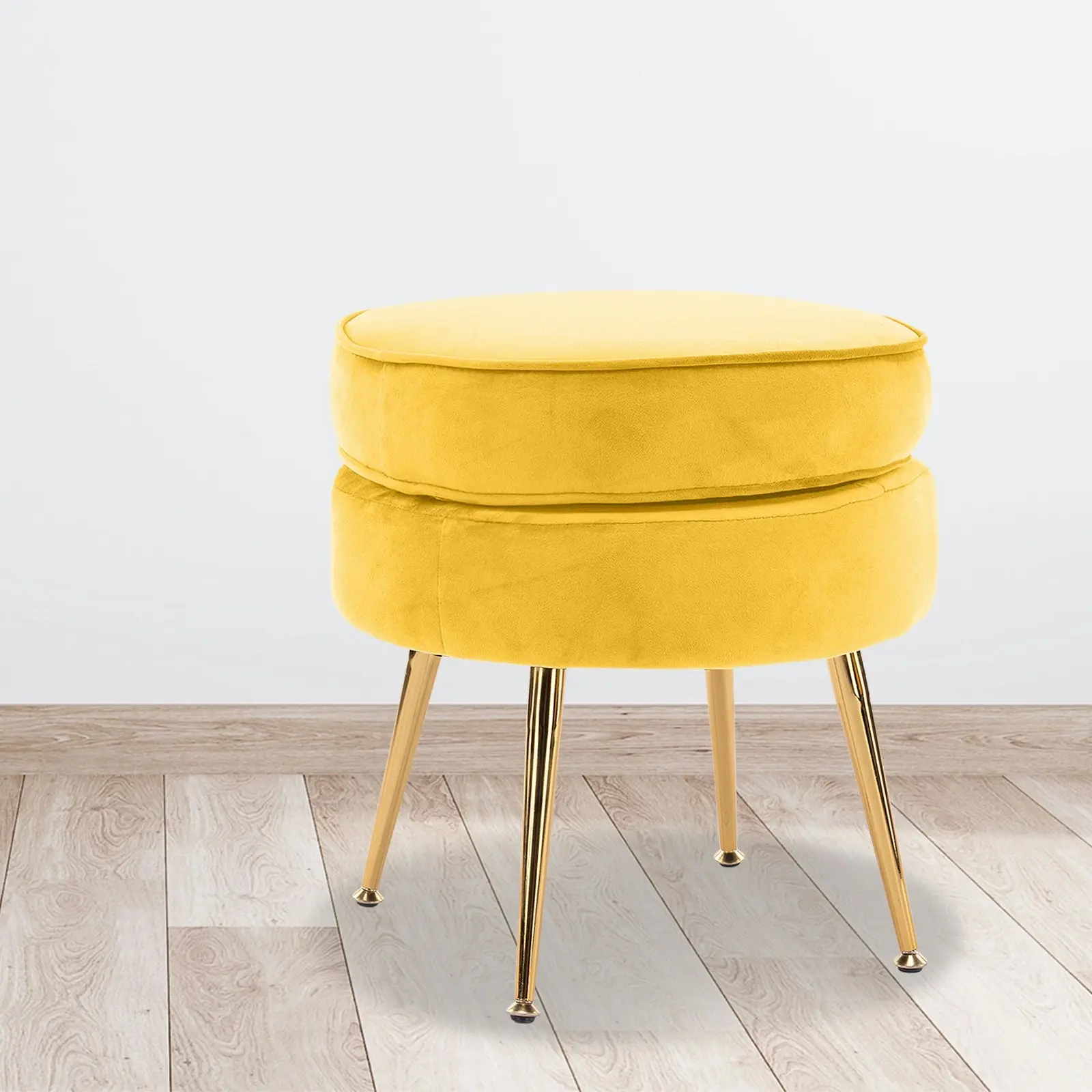 Foot Stool Ottoman Velvet Metal Leg Round - YELLOW