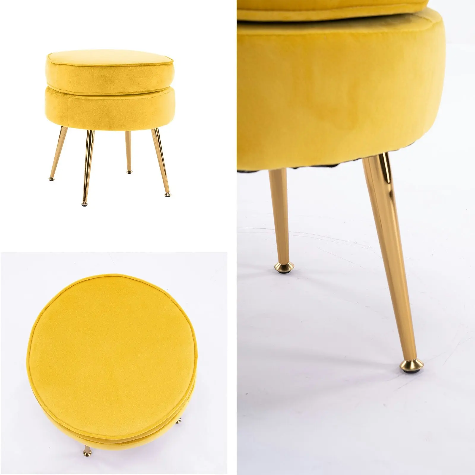 Foot Stool Ottoman Velvet Metal Leg Round - YELLOW