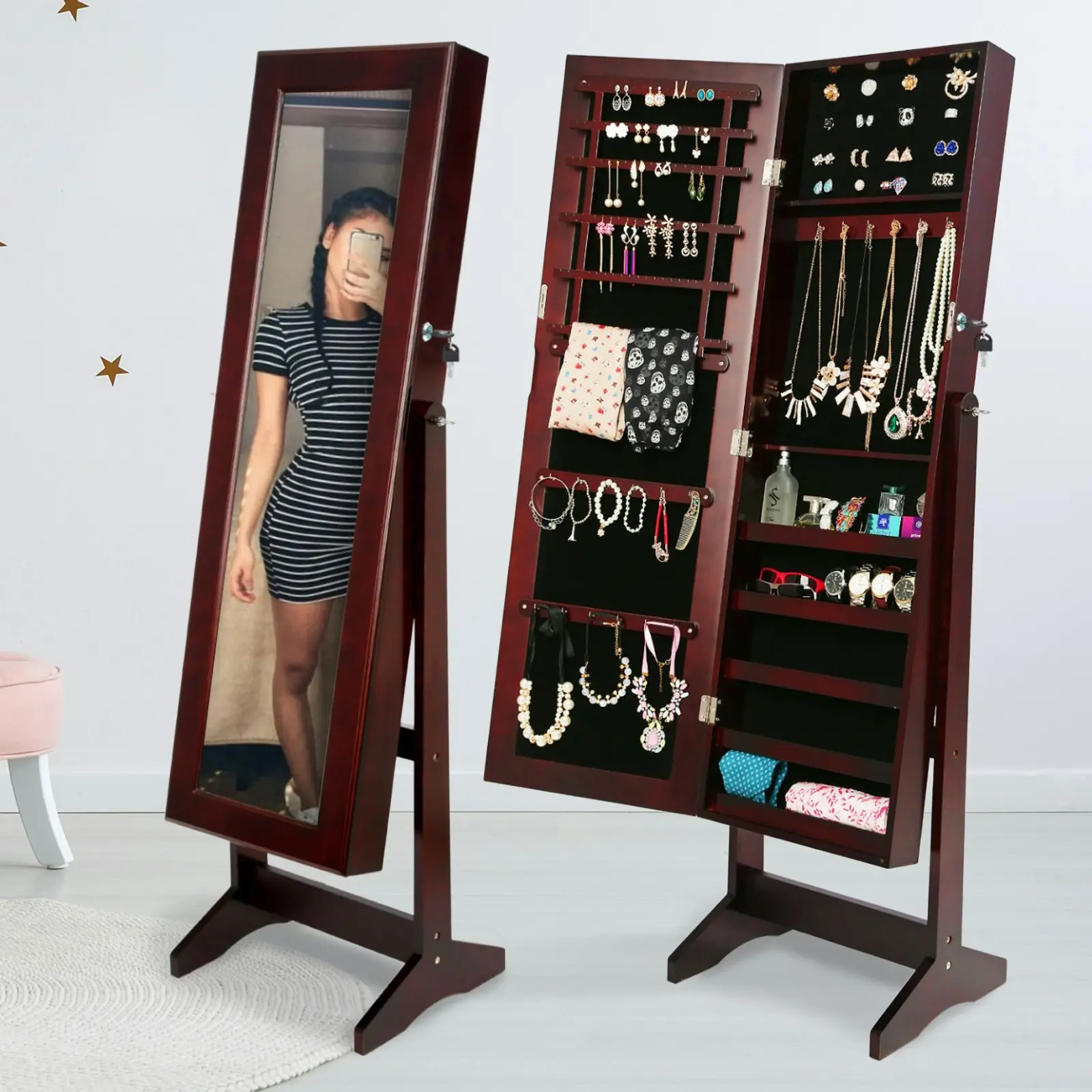 146cm Mirror Jewellery Cabinet LUVO - WALNUT