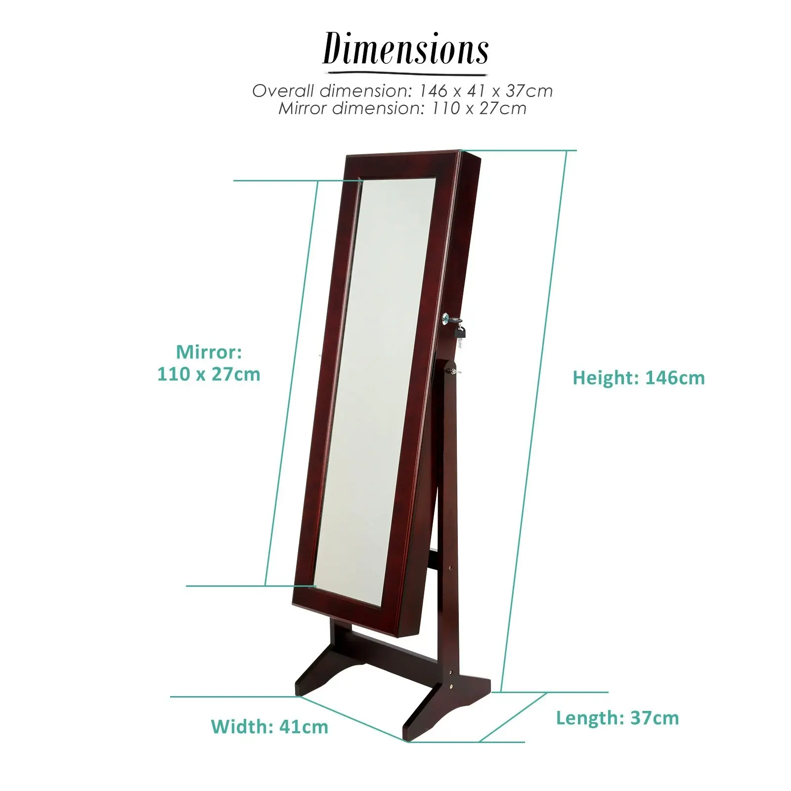 146cm Mirror Jewellery Cabinet LUVO - WALNUT