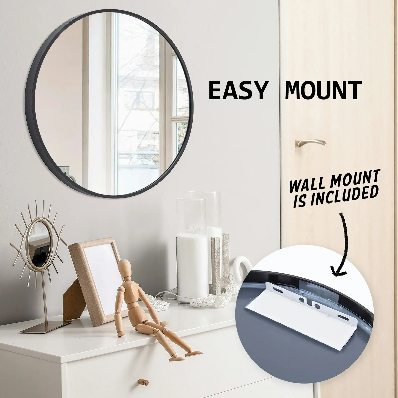 70cm Wall Mirror Round Bathroom - BLACK